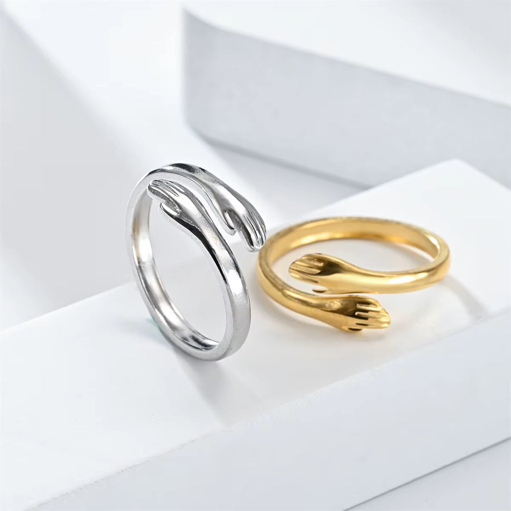 Fashion Hand Hug Rings Women Stainless Steel Gold Silver Color Adjustable Couple Finger Ring Jewelry for Lovers Valentine'S Day