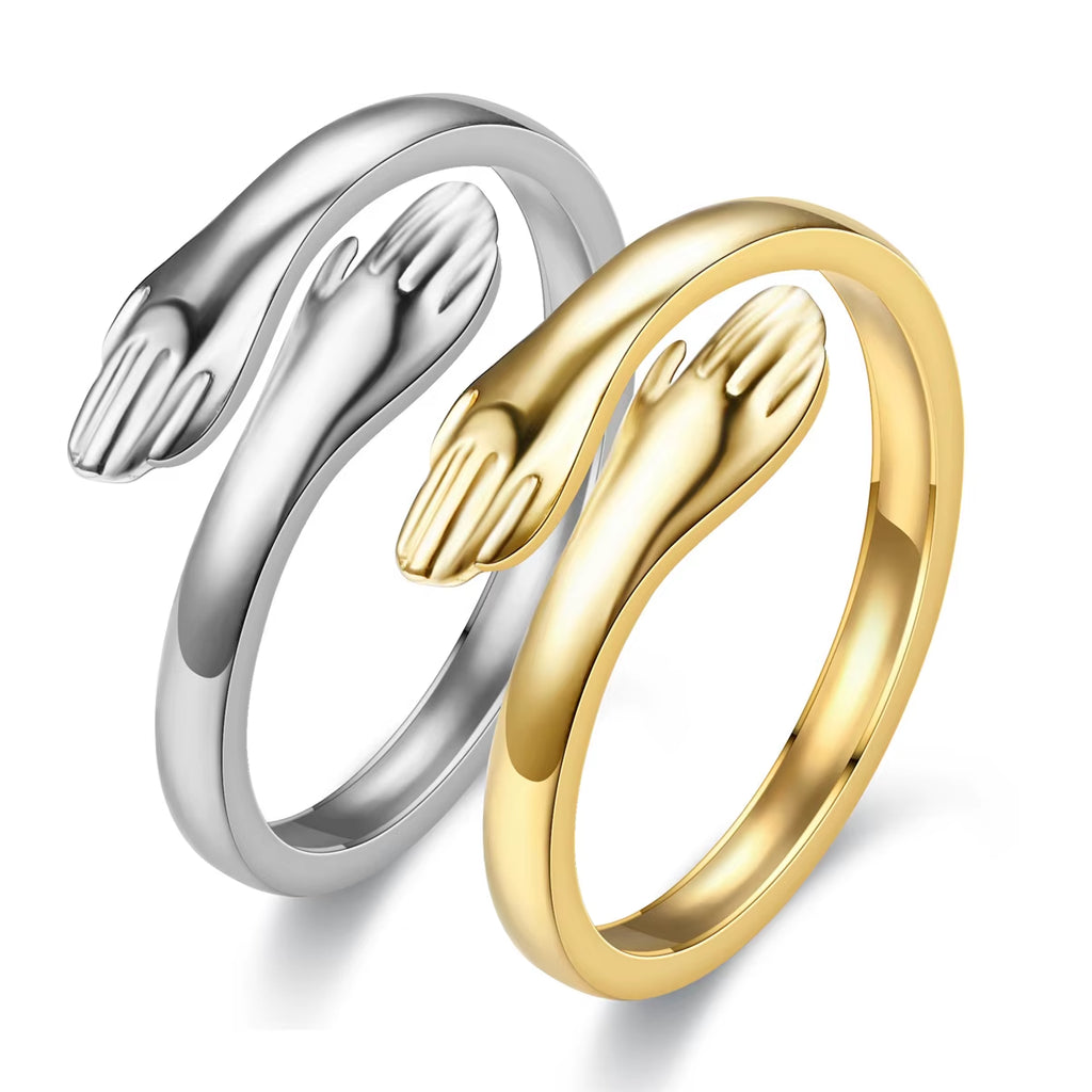 Fashion Hand Hug Rings Women Stainless Steel Gold Silver Color Adjustable Couple Finger Ring Jewelry for Lovers Valentine'S Day